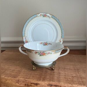 Vintage Imperial China N193 NORITAKE Japan - 2 Handle Soup/Bullion Bowl & Saucer
